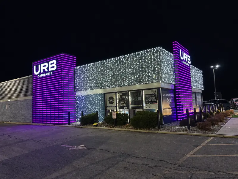 Commercial storefront lit with cool white lights and purple pillars
